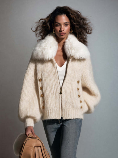 Vintage Chic Cream Fuzzy Knit Women Zip Up Detachable Faux Fur Collar Cardigan