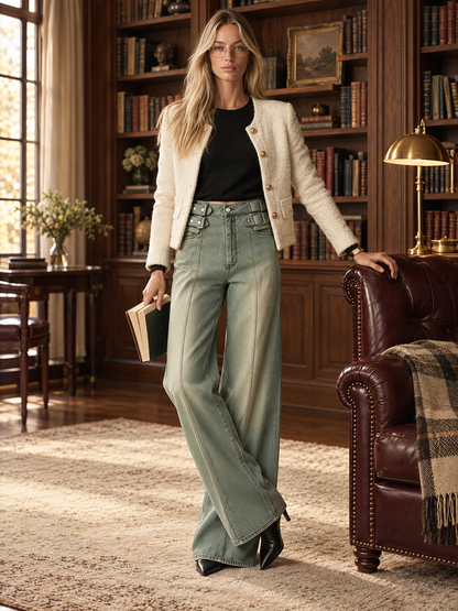 Utility Sage Green Women High Waist Buckle Wide Leg Denim Jeans