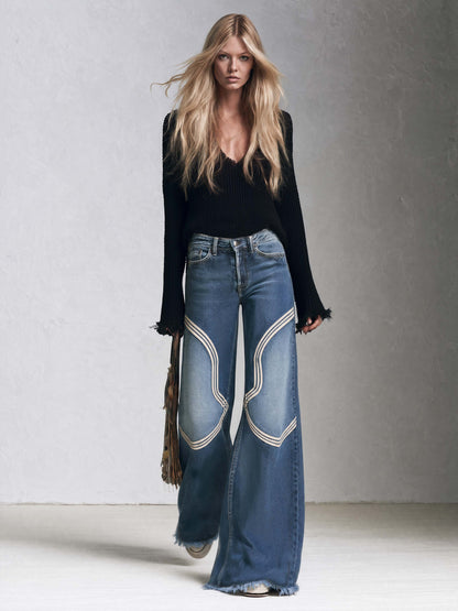 Vintage Western Mid Rise Wide Leg Raw Hem Contrast Stitch Baggy Jeans