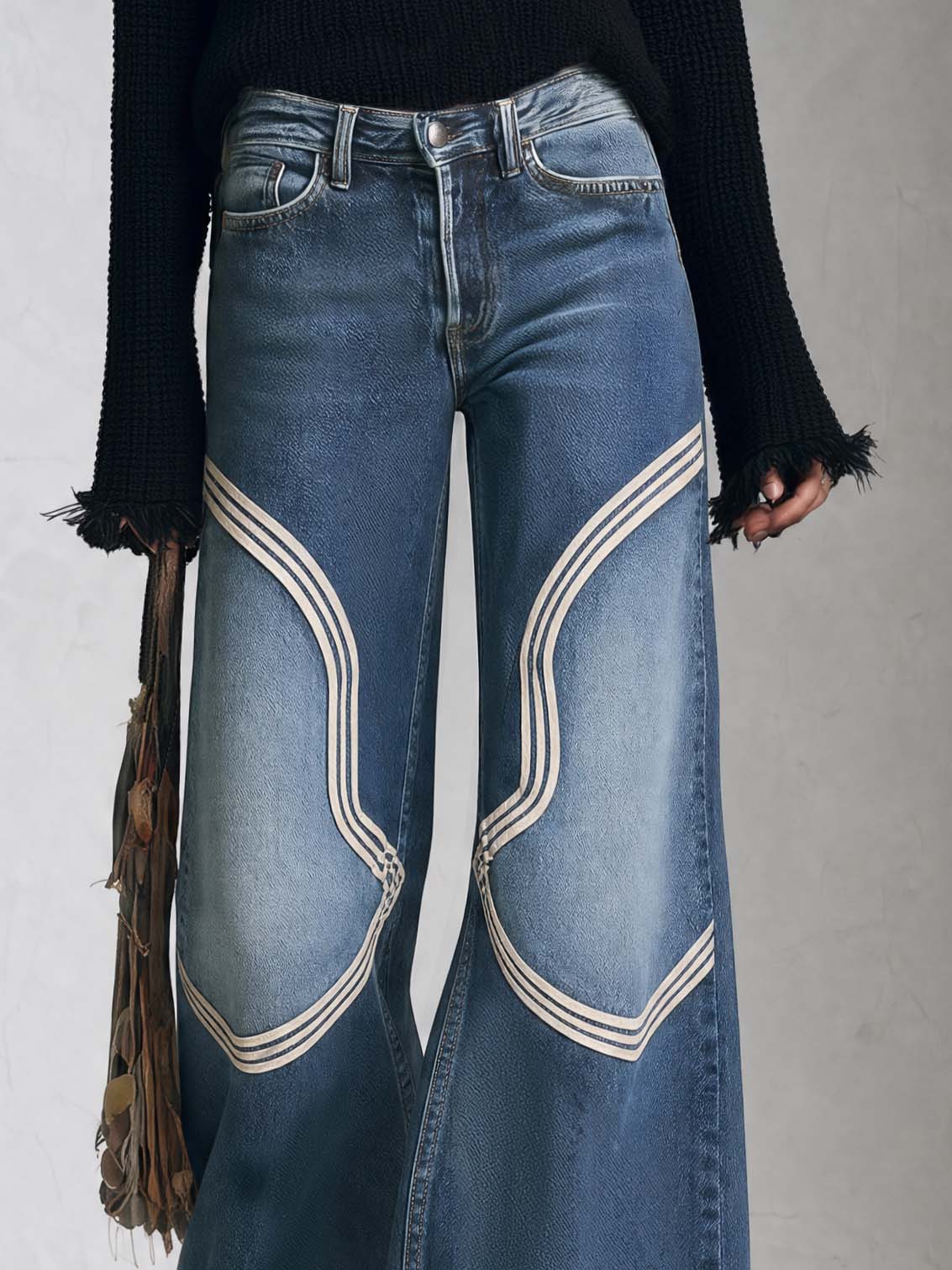 Vintage Western Mid Rise Wide Leg Raw Hem Contrast Stitch Baggy Jeans