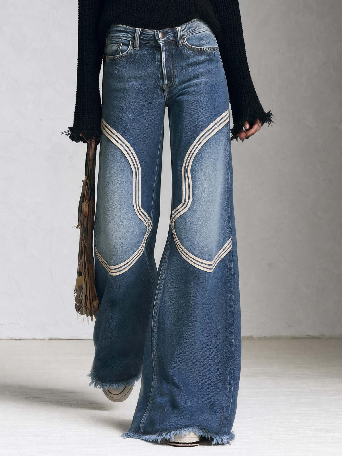 Vintage Western Mid Rise Wide Leg Raw Hem Contrast Stitch Baggy Jeans