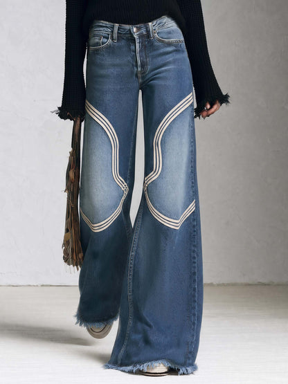 Vintage Western Mid Rise Wide Leg Raw Hem Contrast Stitch Baggy Jeans