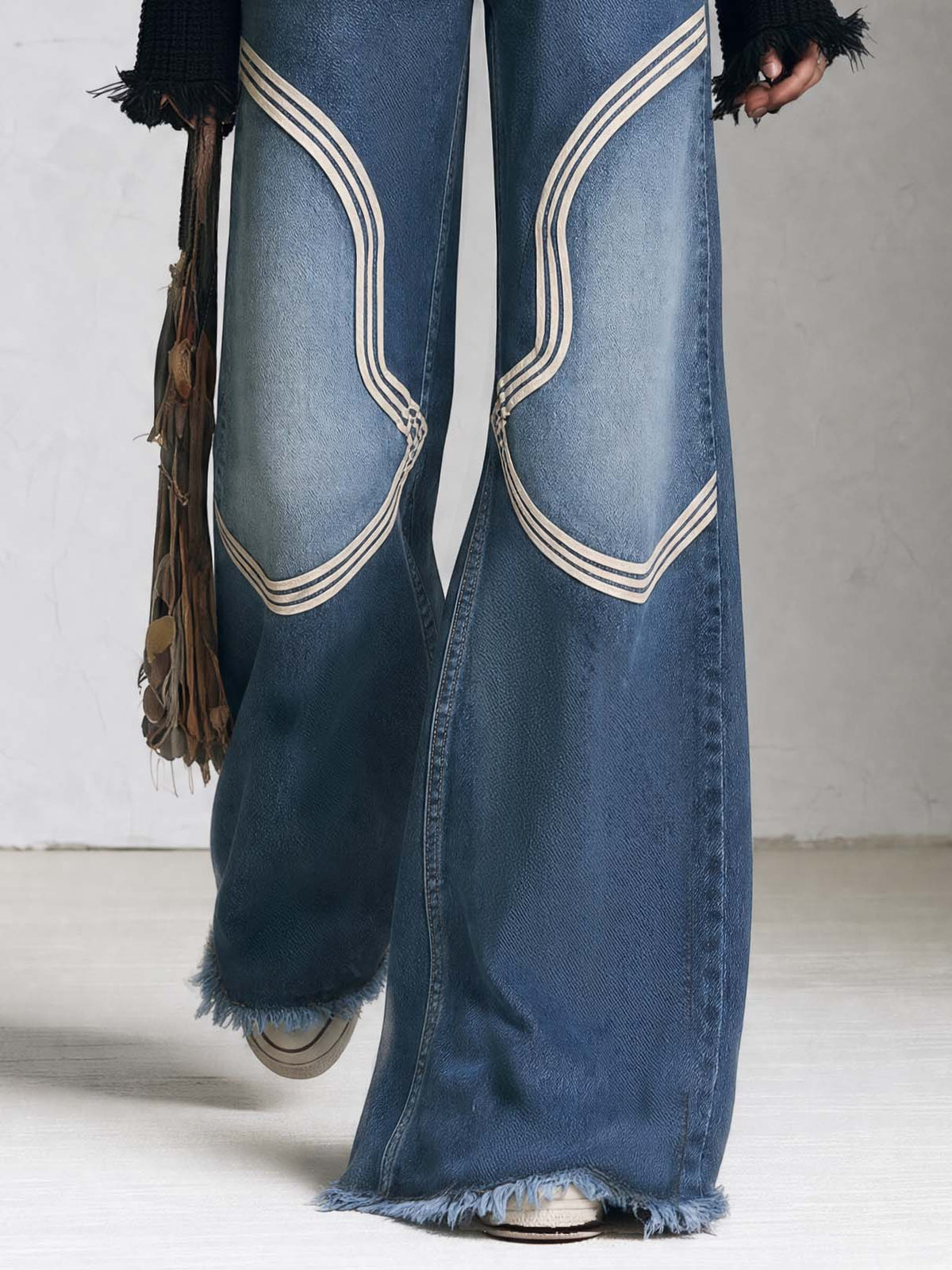 Vintage Western Mid Rise Wide Leg Raw Hem Contrast Stitch Baggy Jeans
