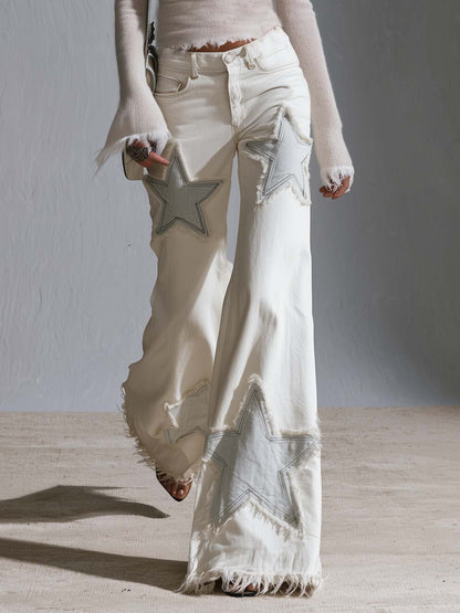Boho Retro Cream White Star Patchwork Frayed Hem Wide Leg Womens Flare Jeans