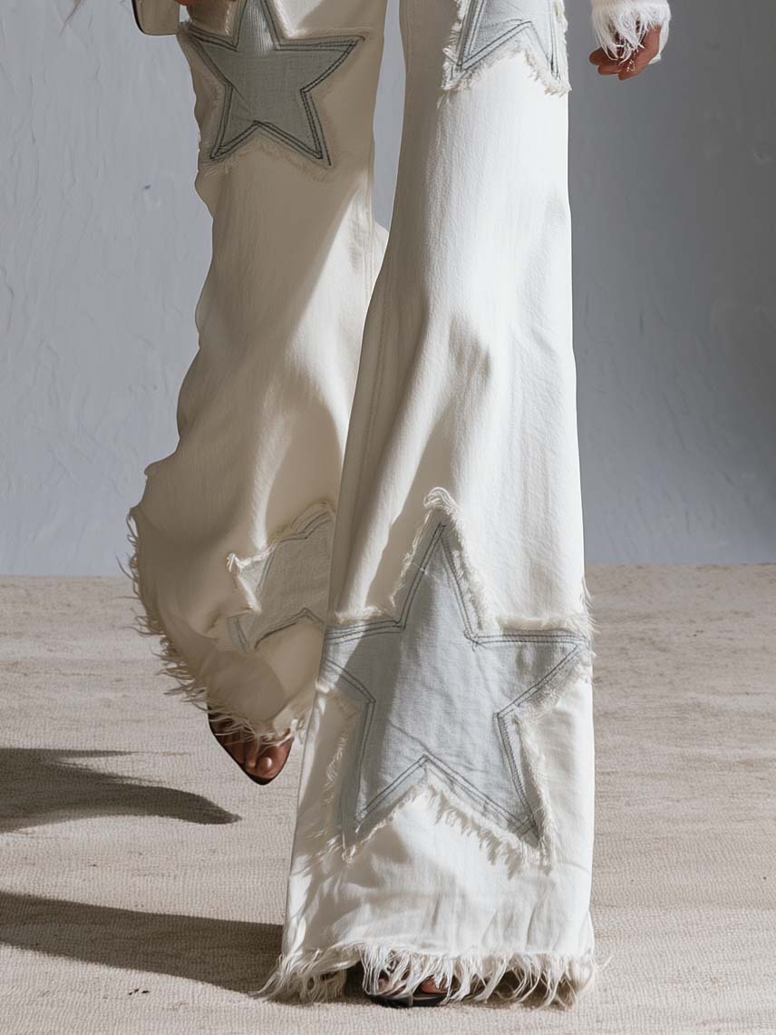 Boho Retro Cream White Star Patchwork Frayed Hem Wide Leg Womens Flare Jeans