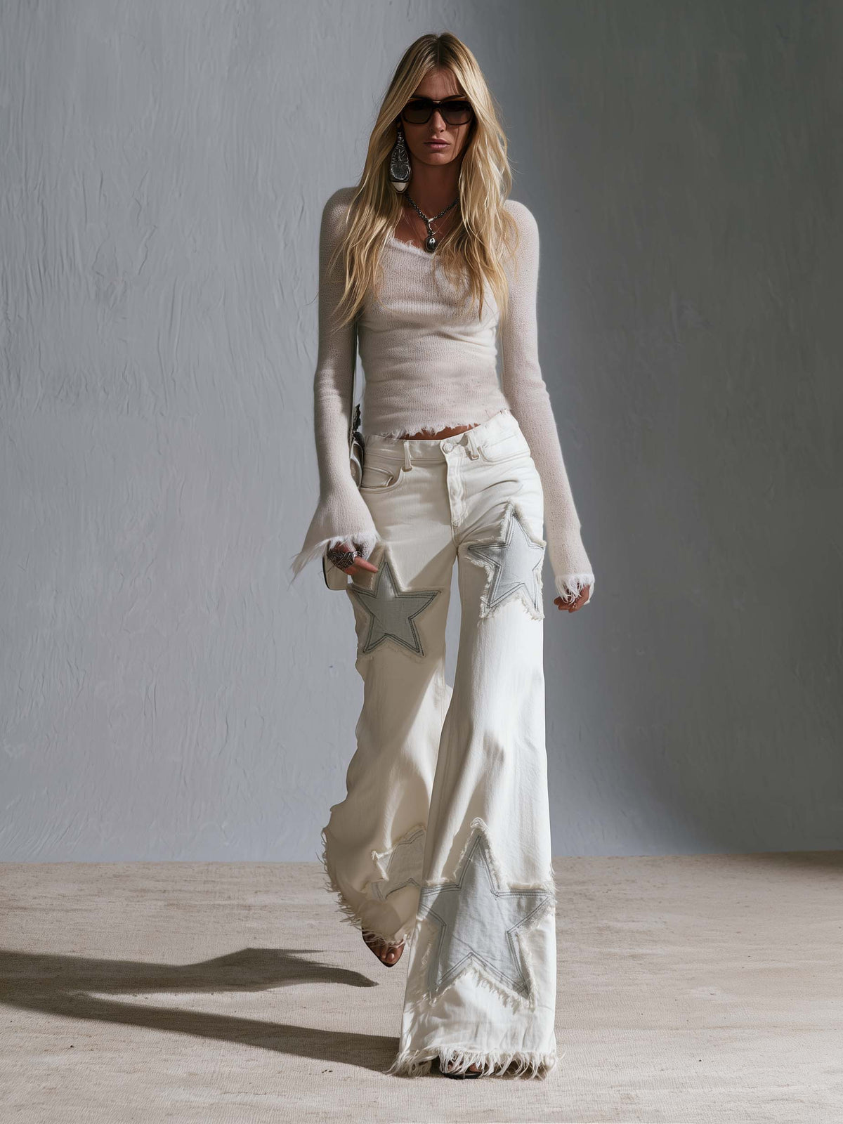 Boho Retro Cream White Star Patchwork Frayed Hem Wide Leg Womens Flare Jeans