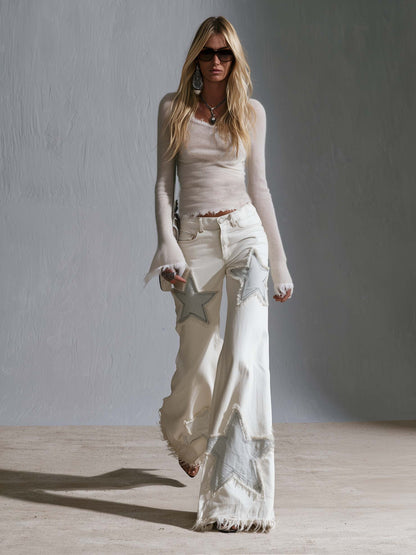 Boho Retro Cream White Star Patchwork Frayed Hem Wide Leg Womens Flare Jeans