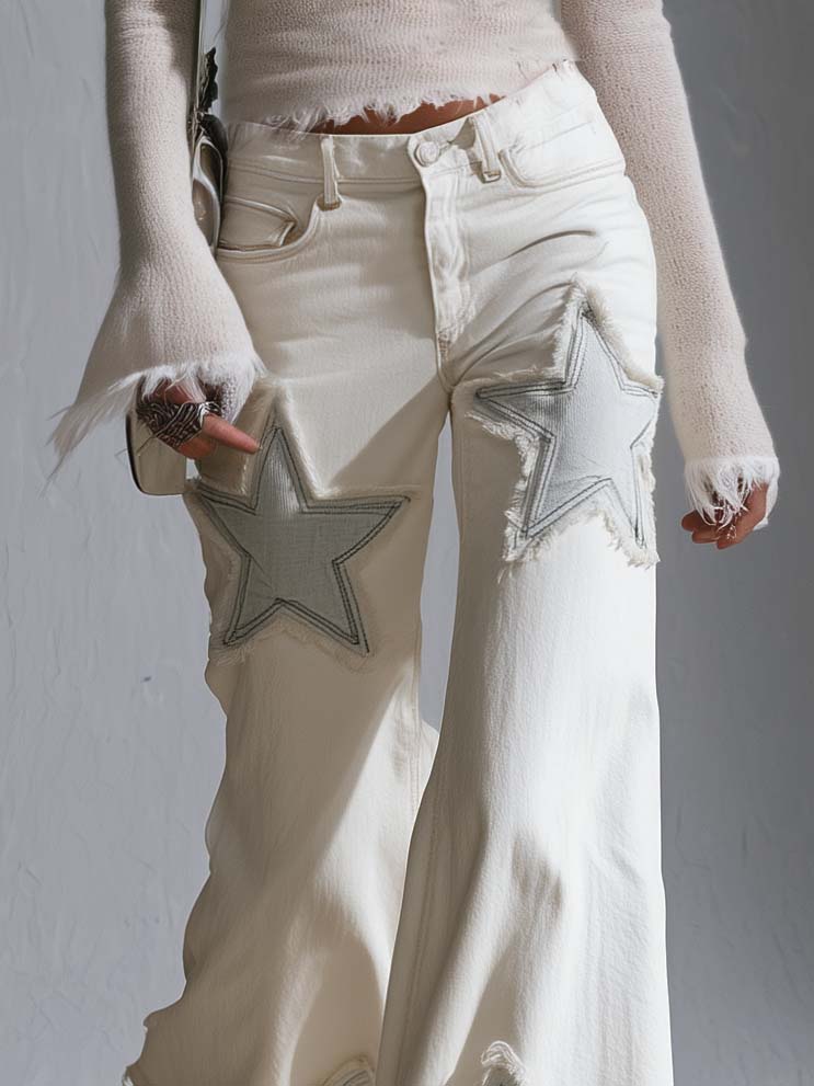 Boho Retro Cream White Star Patchwork Frayed Hem Wide Leg Womens Flare Jeans