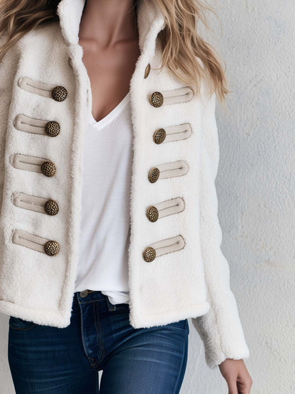 Vintage Military Cream Sherpa Fleece Cropped Gold Button Stand Collar Women Jacket