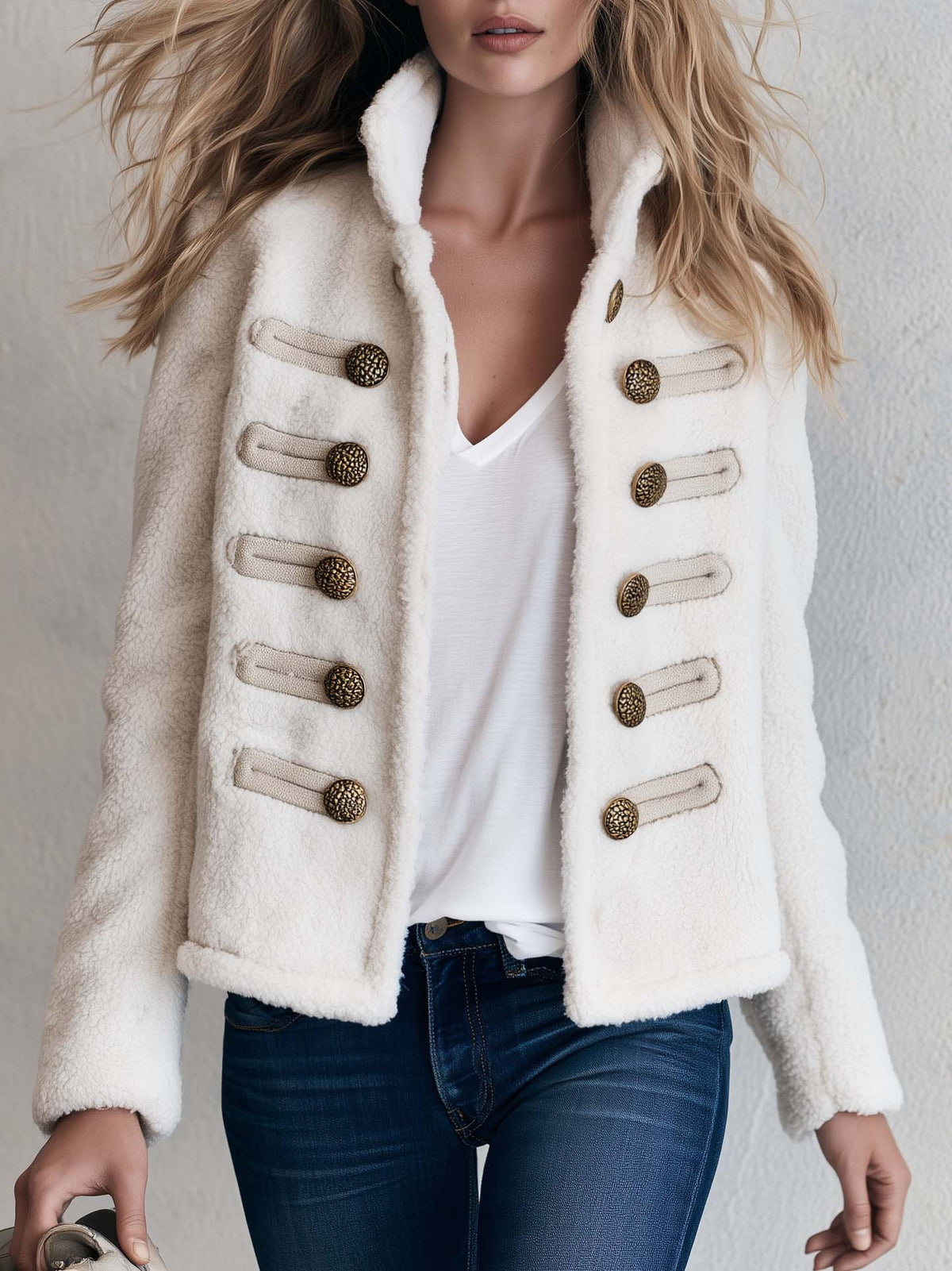Vintage Military Cream Sherpa Fleece Cropped Gold Button Stand Collar Women Jacket