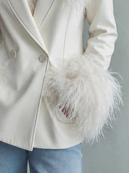 Vintage White Faux Fur Trim Faux Leather Lapel Double-breasted Jacket