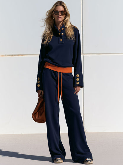 Casual Sportswear Set With Gold Button Sweatshirt And Navy Blue Cotton Pants