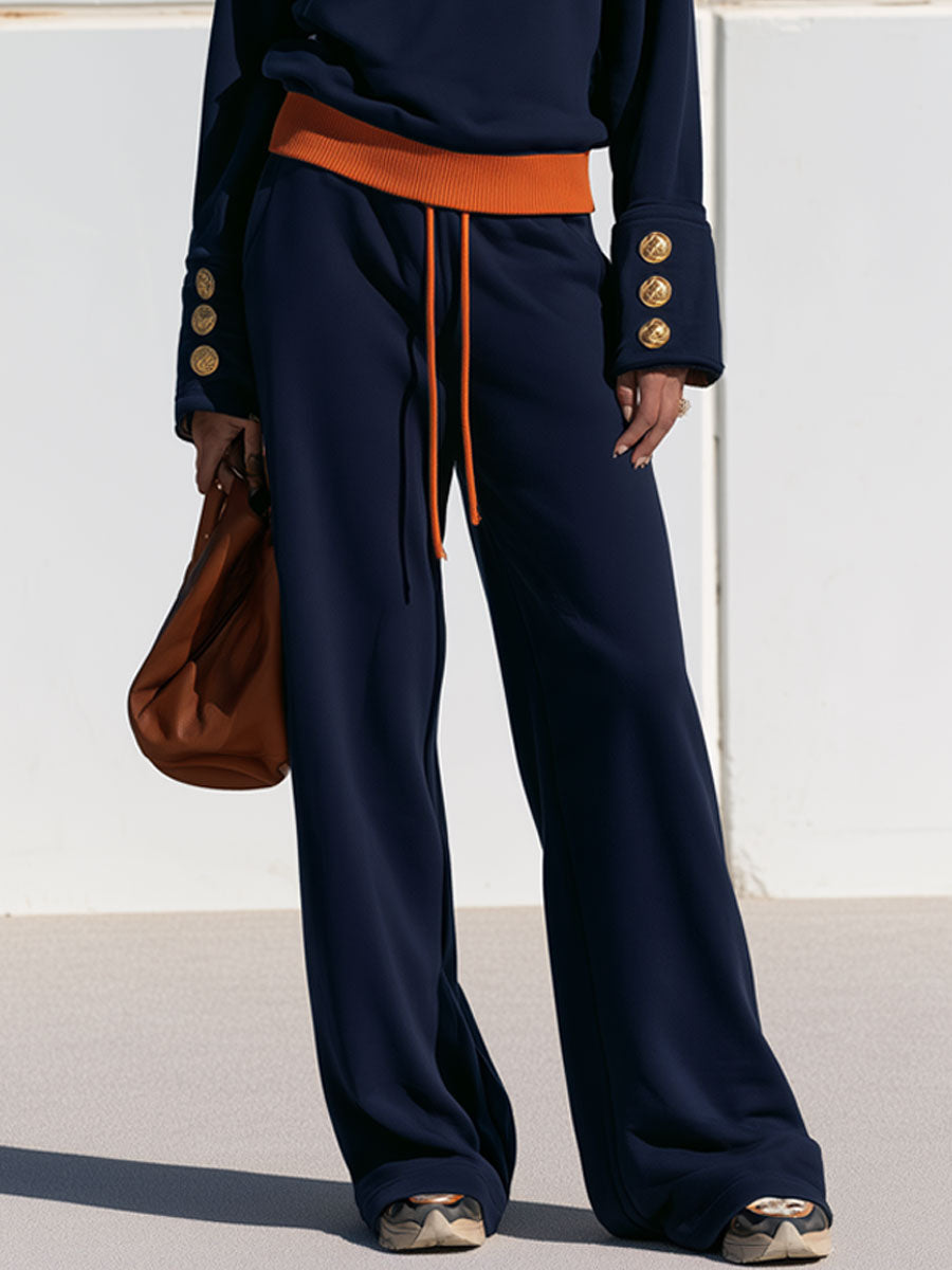 Casual Sportswear Set With Gold Button Sweatshirt And Navy Blue Cotton Pants