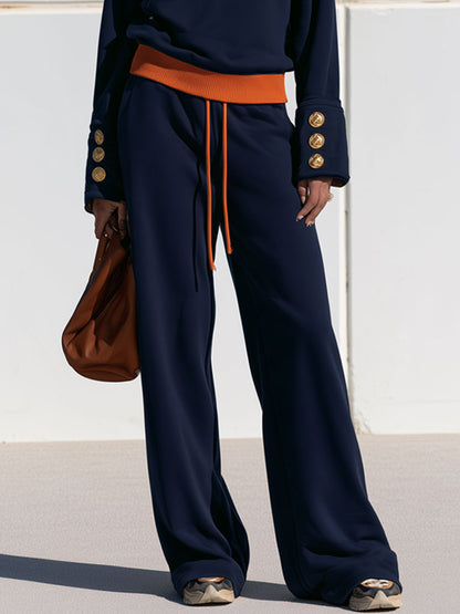 Casual Sportswear Set With Gold Button Sweatshirt And Navy Blue Cotton Pants