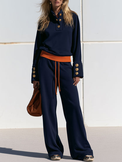 Casual Sportswear Set With Gold Button Sweatshirt And Navy Blue Cotton Pants