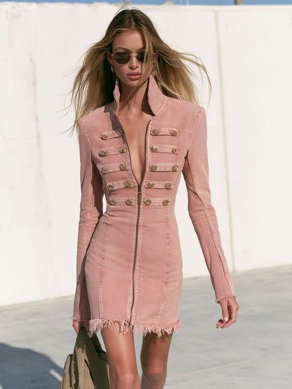 Fashionable Retro Military-style Button-down Pink Denim Mini Dress