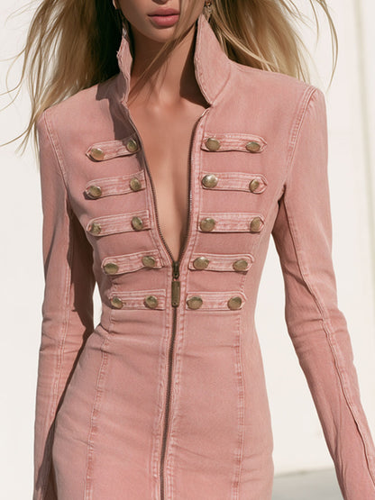 Fashionable Retro Military-style Button-down Pink Denim Mini Dress