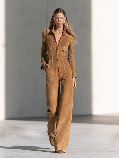 Stylish Collared Front-Zip Caramel-Colored Denim Wide-Leg Jumpsuit