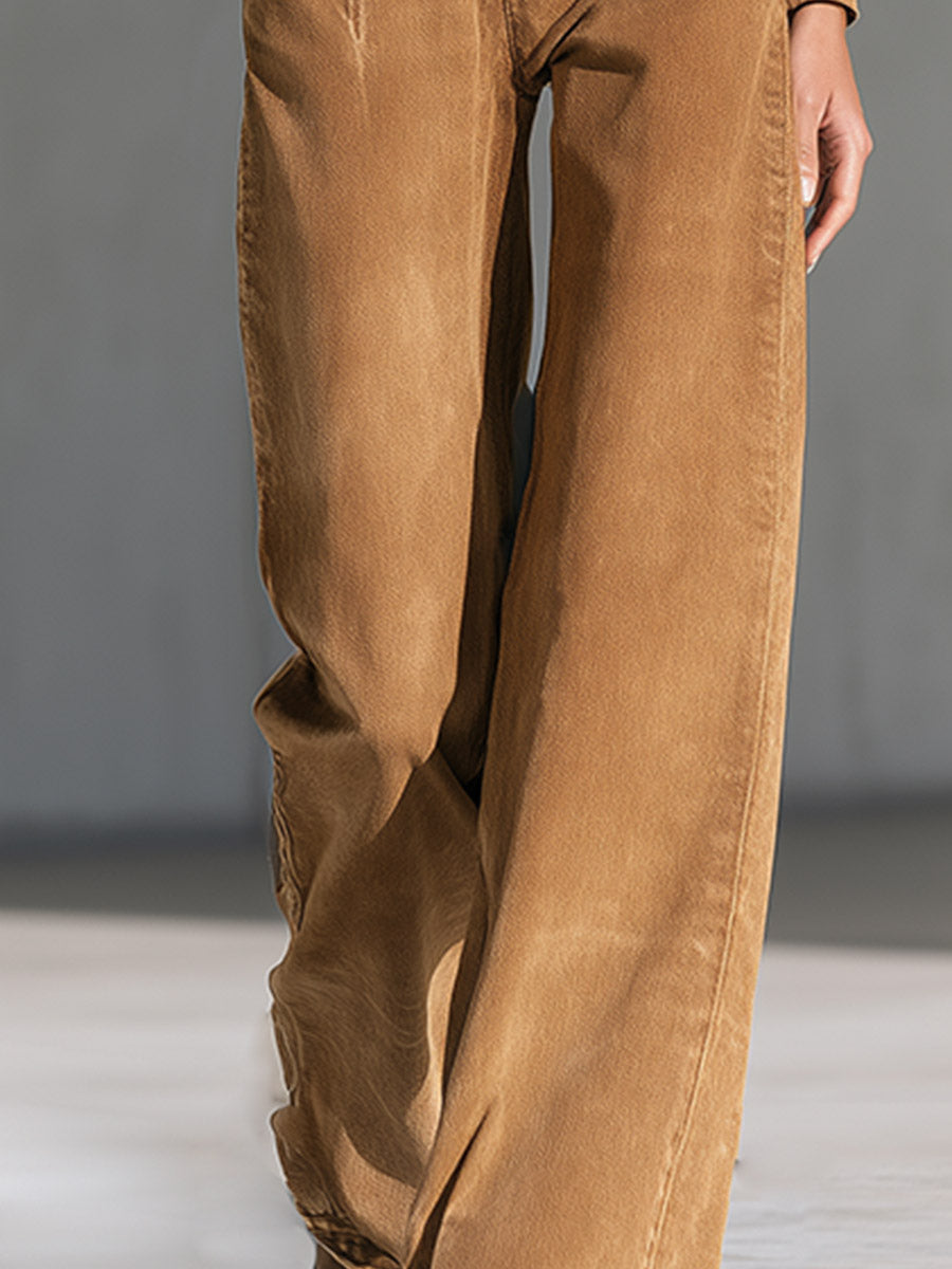 Stylish Collared Front-Zip Caramel-Colored Denim Wide-Leg Jumpsuit