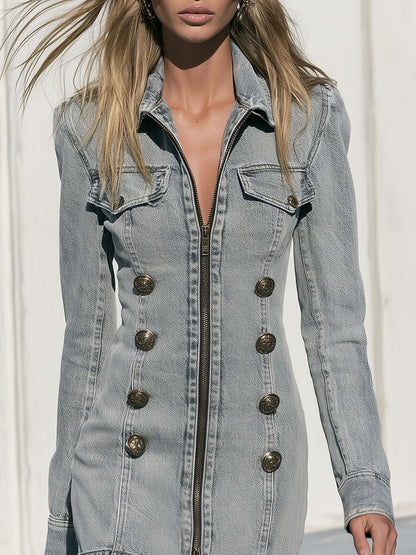 Fashionable Retro Military-style Button Light Gray Denim Mini Dress