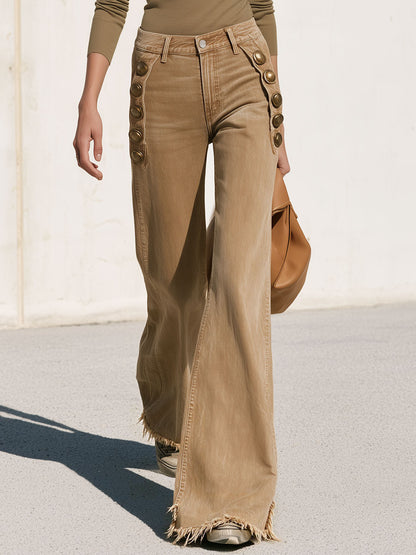 Stylish Retro Military-style Button-down Camel-colored Jeans