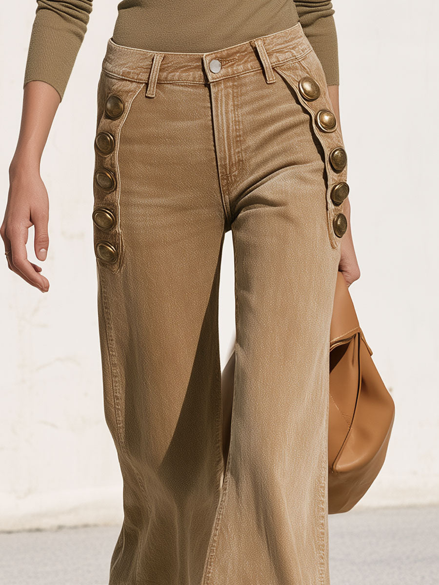 Stylish Retro Military-style Button-down Camel-colored Jeans