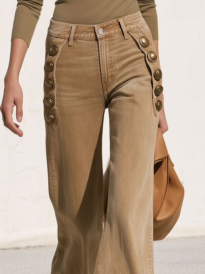 Stylish Retro Military-style Button-down Camel-colored Jeans