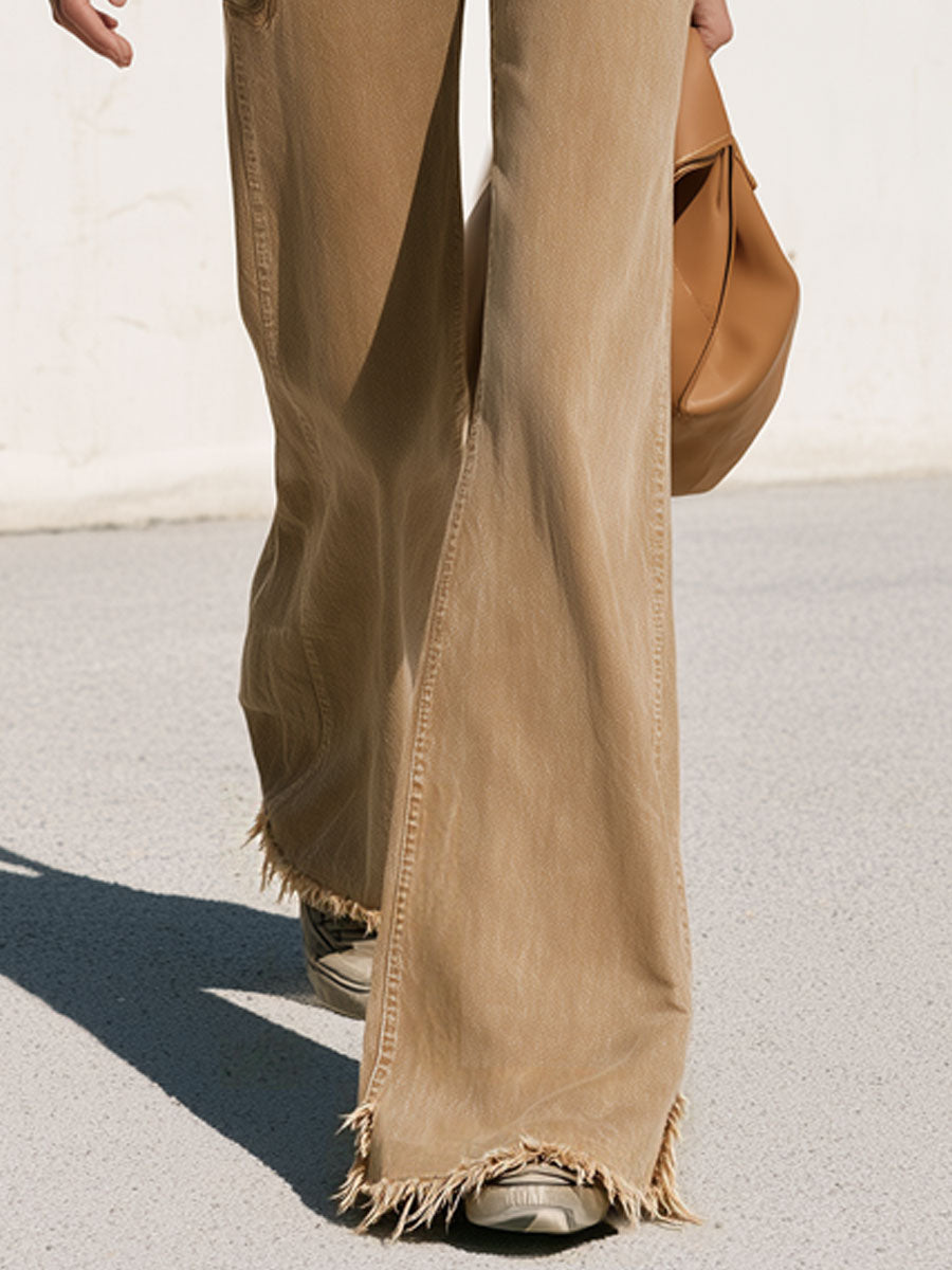 Stylish Retro Military-style Button-down Camel-colored Jeans