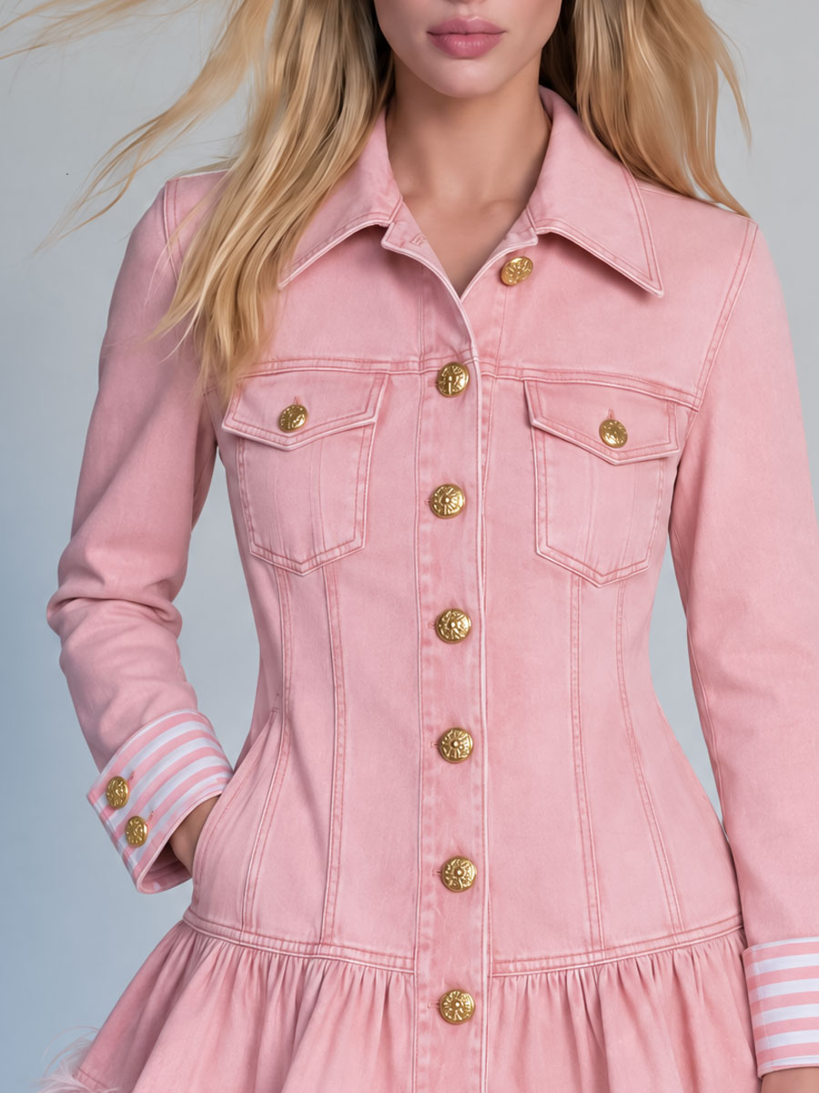 Classic Retro Pink Collared Button-down Ruffled Faux Fur Denim Mini Dress