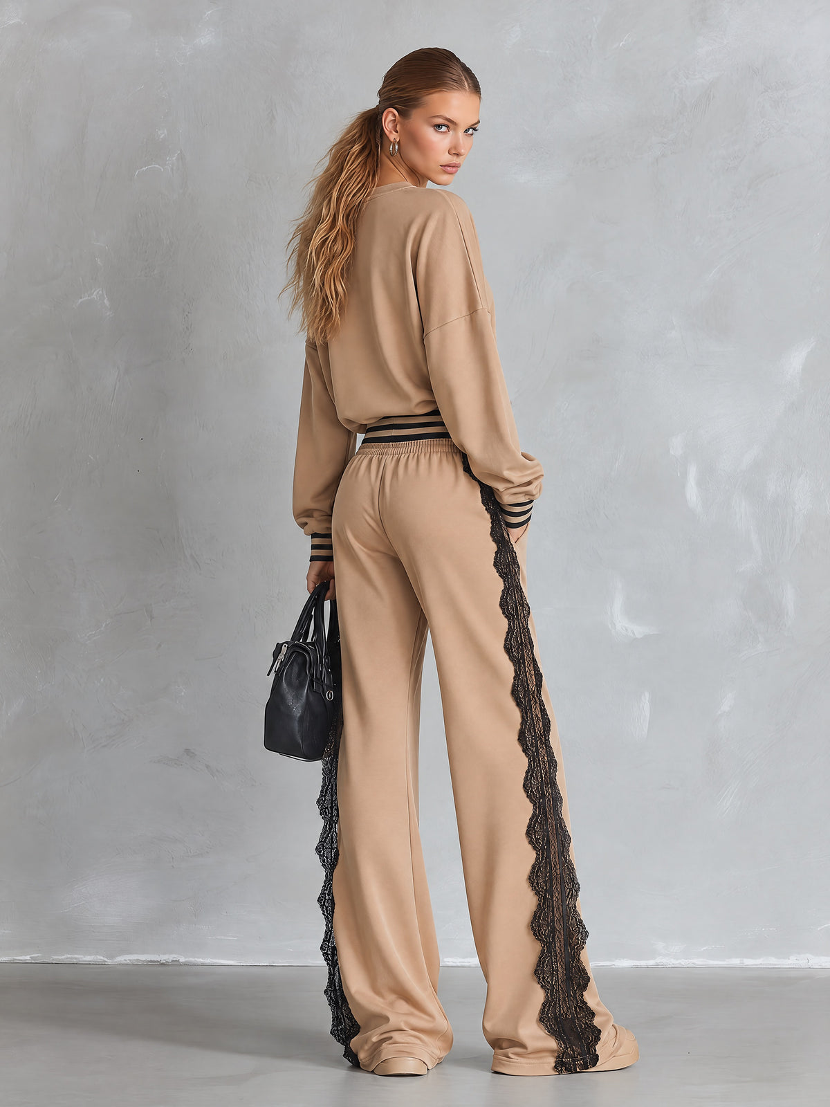 Casual Striped-Trim Lace-Detail Beige Sweatshirt and Sweatpants Loungewear Set