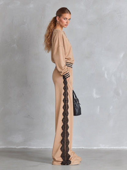Casual Striped-Trim Lace-Detail Beige Sweatshirt and Sweatpants Loungewear Set