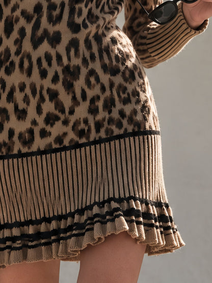 Classic Retro Ruffled Brown Collar Leopard Print Knit Mini Dress