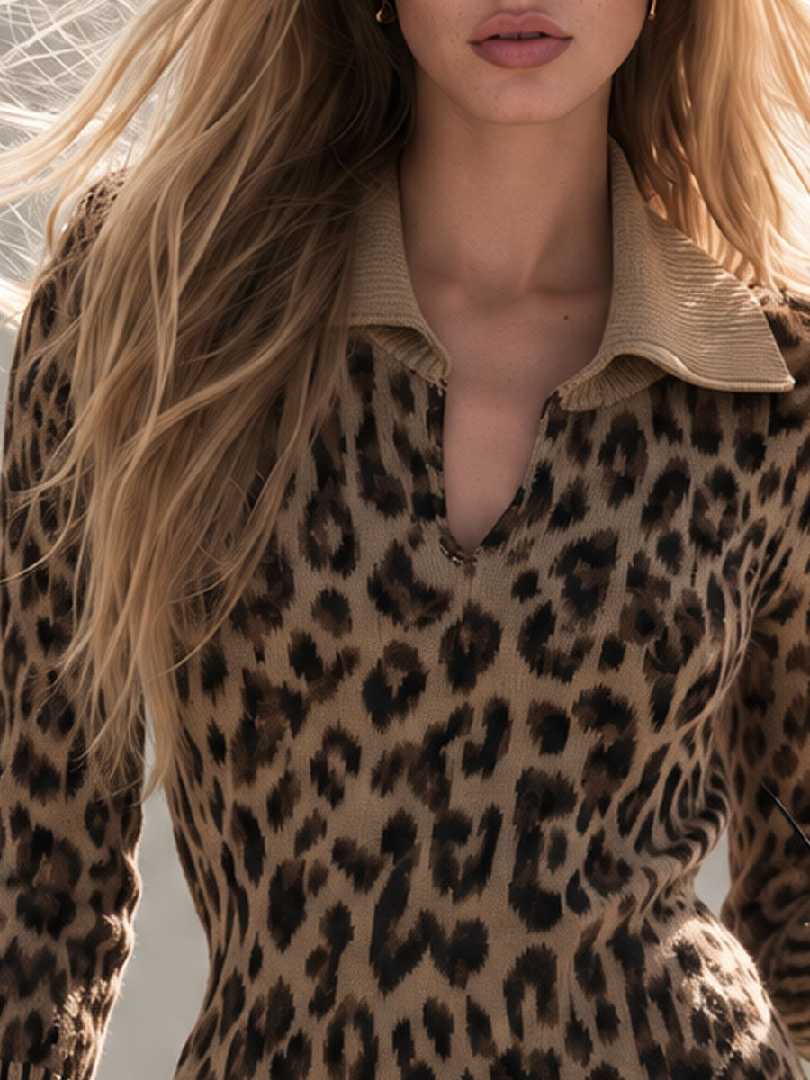 Classic Retro Ruffled Brown Collar Leopard Print Knit Mini Dress