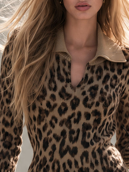 Classic Retro Ruffled Brown Collar Leopard Print Knit Mini Dress