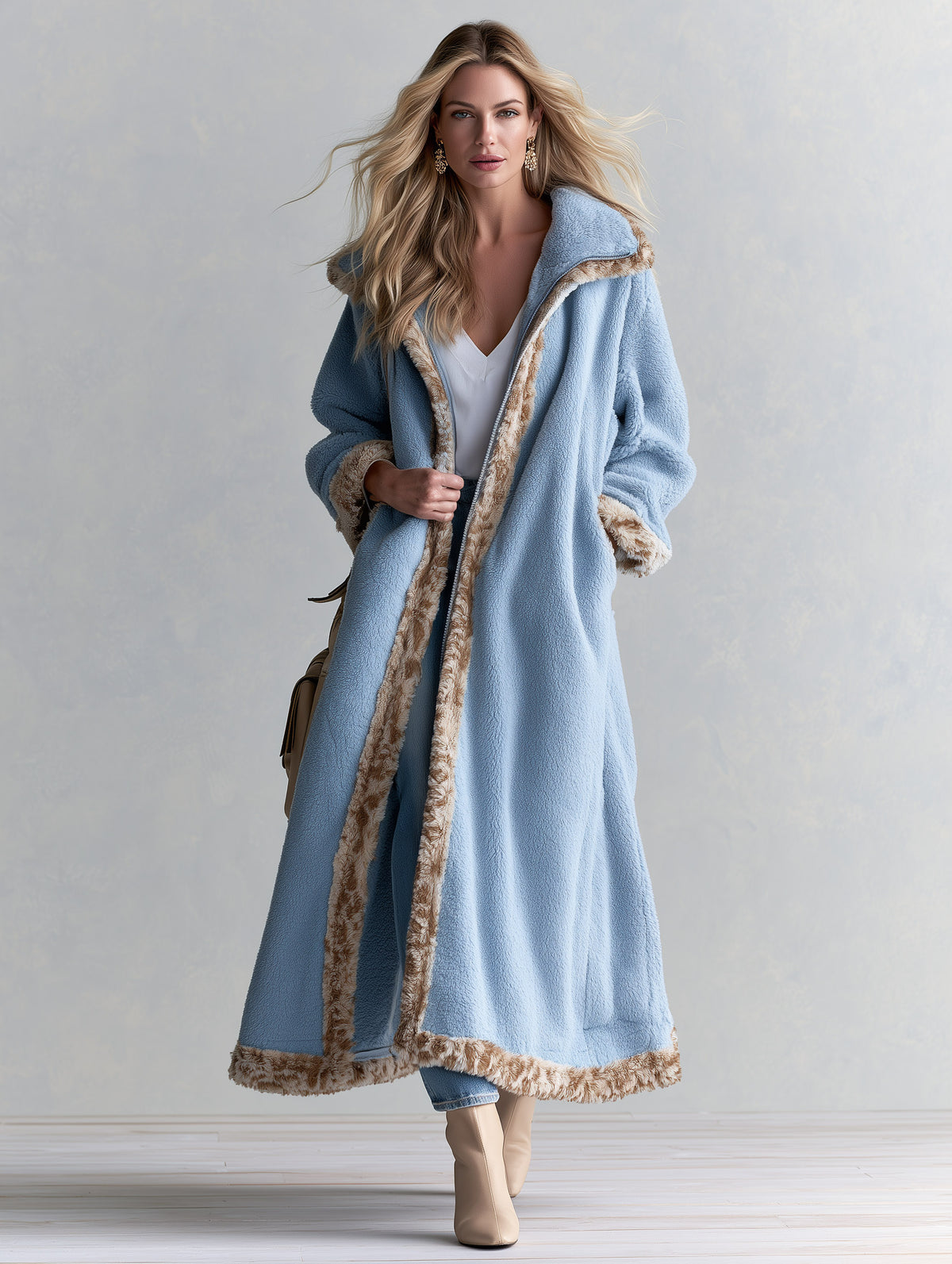 Stylish Loose-fit Contrast-trim Collared Blue Fleece Coat