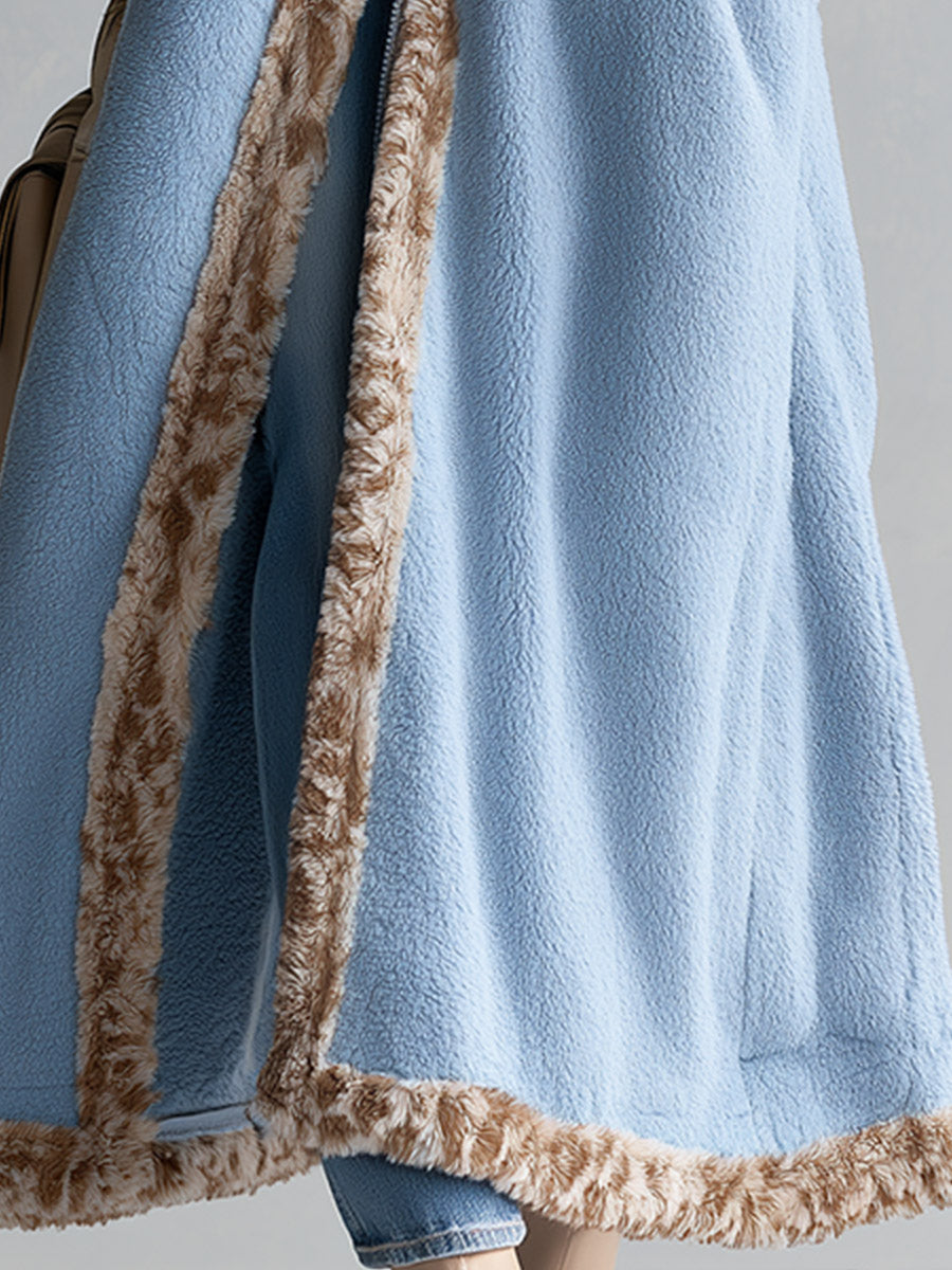 Stylish Loose-fit Contrast-trim Collared Blue Fleece Coat