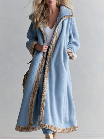 Stylish Loose-fit Contrast-trim Collared Blue Fleece Coat