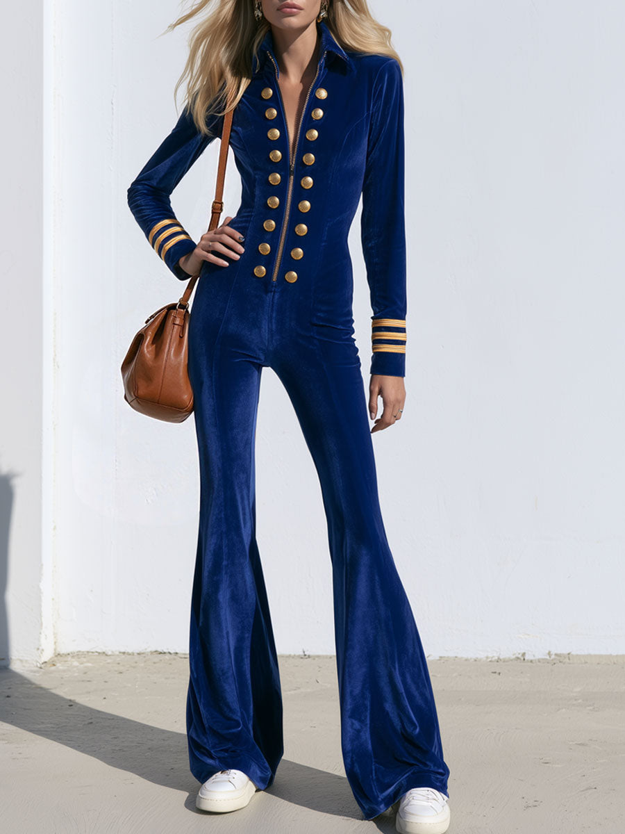 Fashionable Retro Military-style Button Royal Blue Velvet Jumpsuit