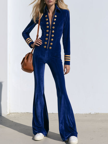 Fashionable Retro Military-style Button Royal Blue Velvet Jumpsuit