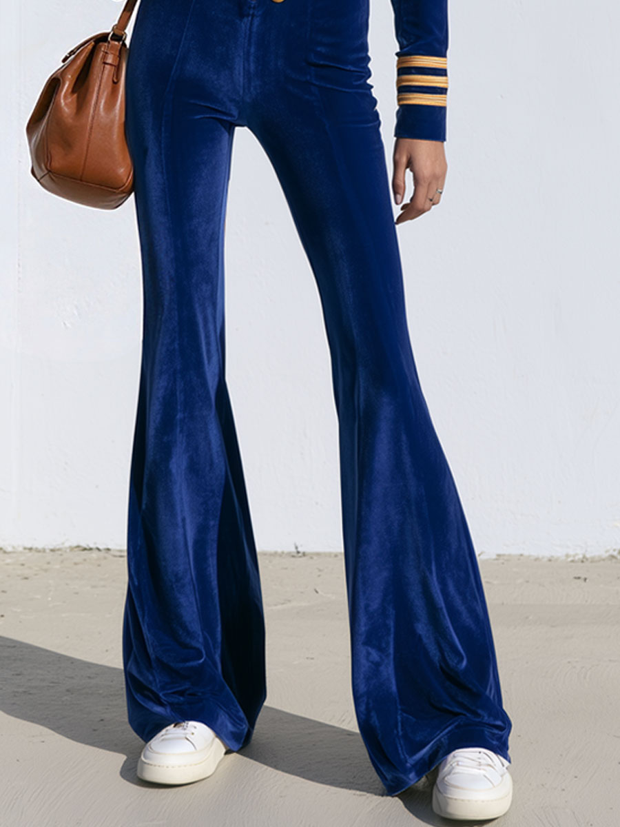 Fashionable Retro Military-style Button Royal Blue Velvet Jumpsuit