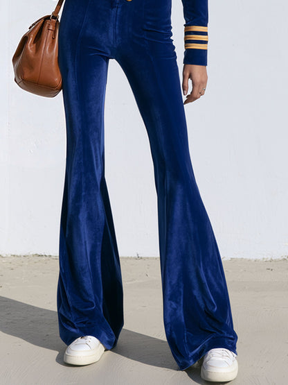 Fashionable Retro Military-style Button Royal Blue Velvet Jumpsuit