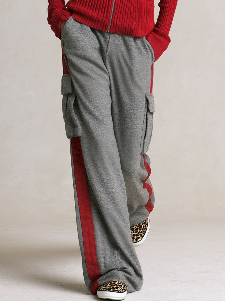 Stylish Retro Red Knit Sweater And Grey Multi-pocket Trousers Set