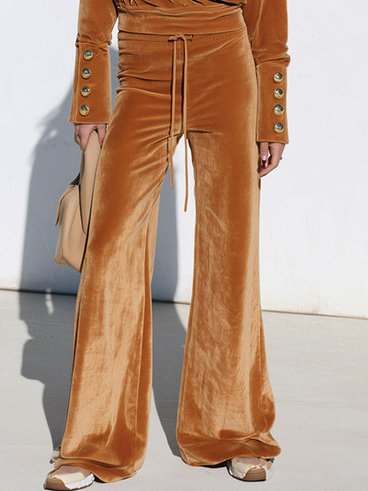 Fashionable Retro Orange Velvet Half-zip Sweatshirt And Wide-leg Pants Set