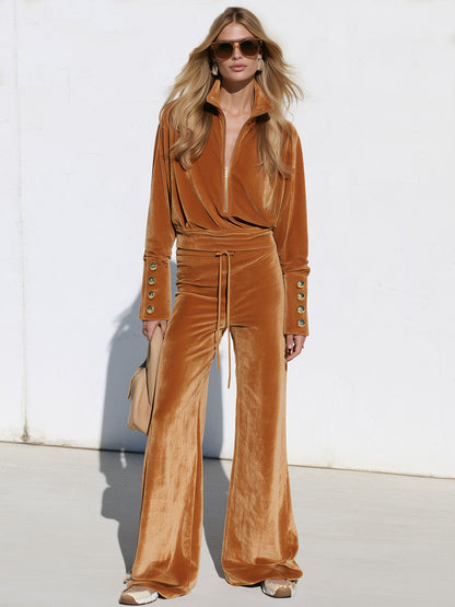 Fashionable Retro Orange Velvet Half-zip Sweatshirt And Wide-leg Pants Set