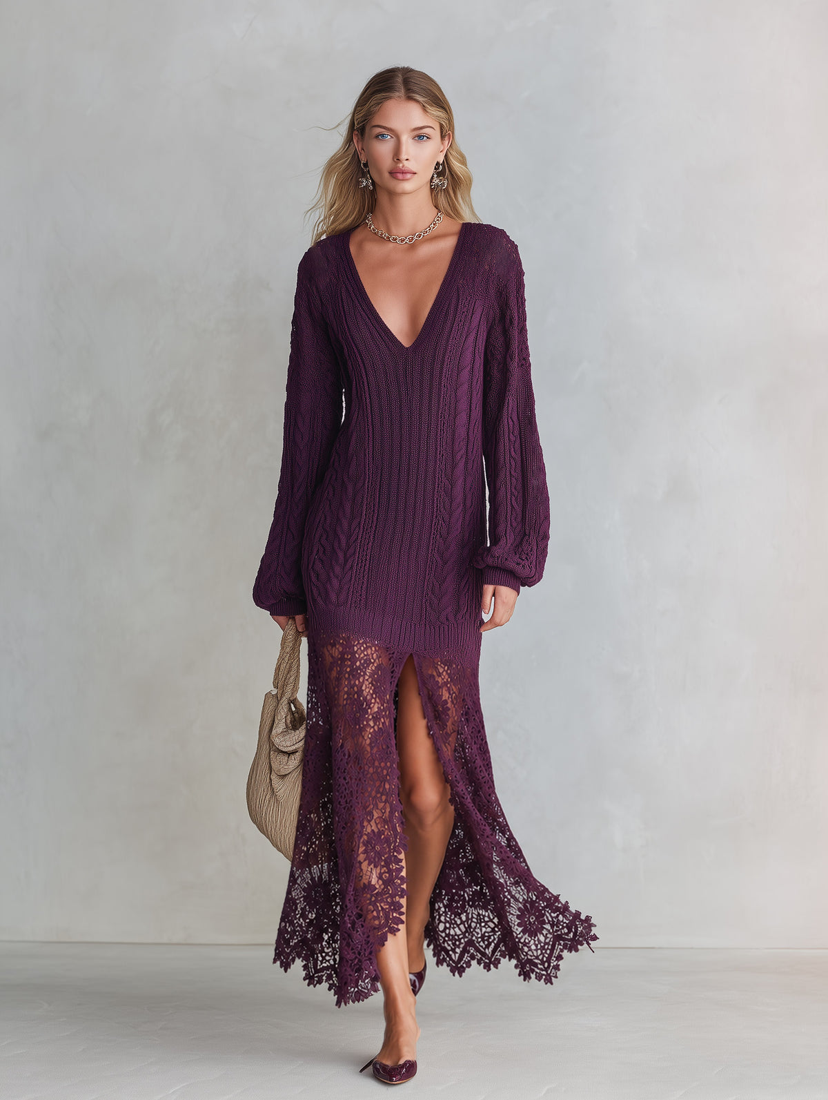 Elegant And Charming Lace-Trimmed Purple V-Neck Cable-Knit Maxi Dress