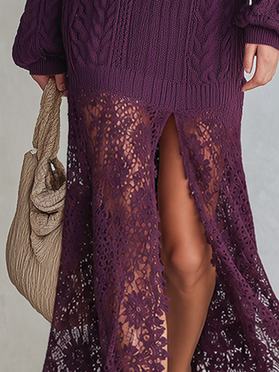 Elegant And Charming Lace-Trimmed Purple V-Neck Cable-Knit Maxi Dress