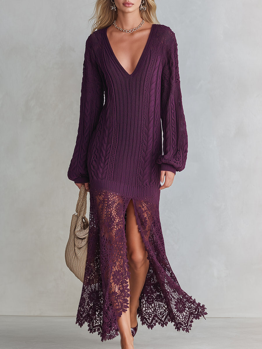 Elegant And Charming Lace-Trimmed Purple V-Neck Cable-Knit Maxi Dress