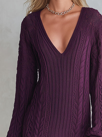 Elegant And Charming Lace-Trimmed Purple V-Neck Cable-Knit Maxi Dress