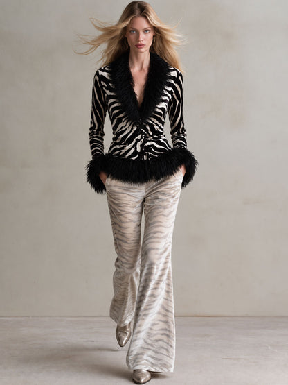 Classic Retro Black Faux Fur Collar Zebra Print Velvet Shirt