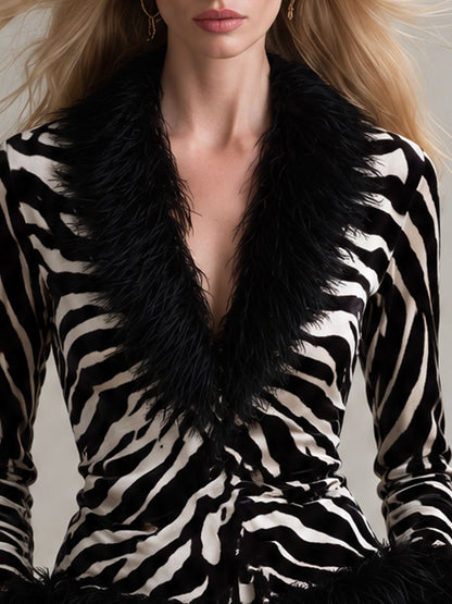 Classic Retro Black Faux Fur Collar Zebra Print Velvet Shirt